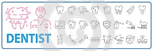 Dental tooth icons set, such as dentist, clean, protect treat, oral. Health, medicine, medical or hospital vector