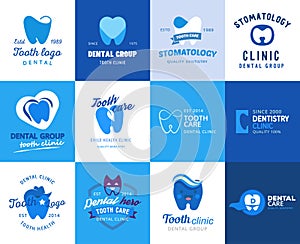 Dental tooth logo vector dentist clinic logotype toothcare icon stomatology dentistry care design set illustration