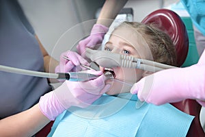 Dental treatment in a child with the use of nitrous oxide. Relaxation of the patient before surgical or dental procedures.