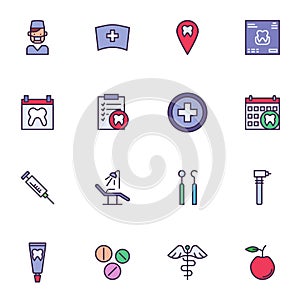 Dental treatment filled outline icons set