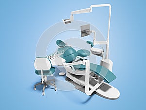 Dental unit blue leather chair of dentist and an assistants chair 3d render on blue background with shadow