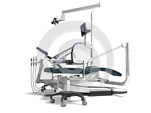 Dental unit and equipment for the office chair of the dentist and assistant assistants high chair 3d render on white background