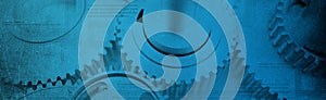 Blue banner with computer circuits and cogs