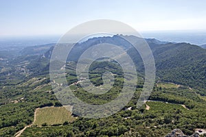 Dentelles de Montmirail chain of mountains and vineyards in wine region Provence in Vaucluse, France