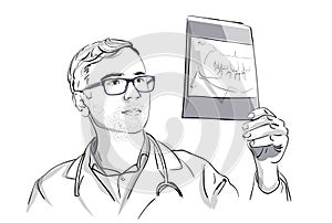 Dentist analyzing an X-ray Vector sketch storyboard. Detailed character illustrations