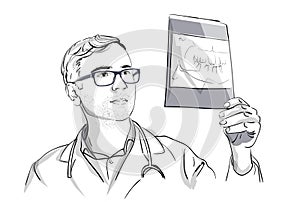 Dentist analyzing an X-ray Vector sketch storyboard. Detailed character illustrations photo