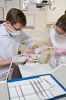 Dentist and assistant in exam room with woman