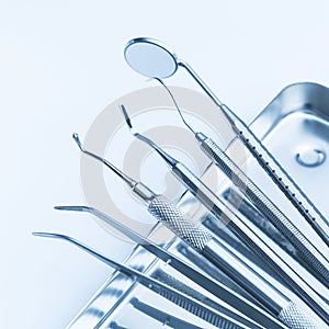 Dentist basic cutlery on a tray dental medicine