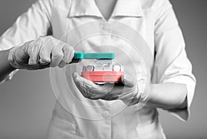 Dentist brushing teeth in jaw model. Doctor in lab coat and gloves showing dental cleaning. Stomatology, oral hygiene