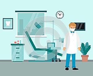 Dentist Cabinet Interior Design. Flat Cartoon Style Illustration. Vector Composition With Elements And Character. Doctor