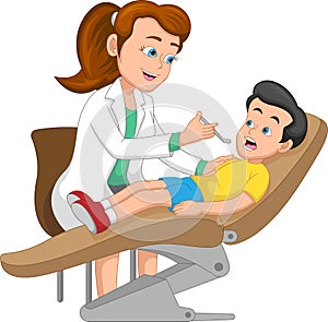 Dentist checking boy\'s teeth cartoon
