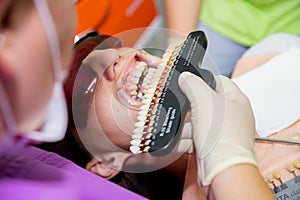 Dentist curing female patient Woman teeth examined at dentists teeth whitening. stomatology office Teeth care and tooth