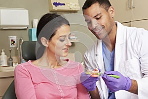 Dentist Demonstrating How To Brush Teeth To Female Patient photo