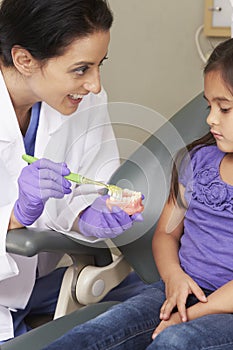 Dentist Demonstrating How To Brush Teeth To Young Female Patient