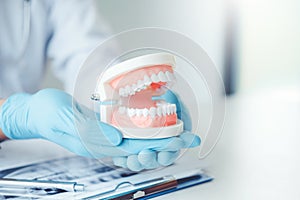 Dentist with denture learning how to teeth At dentistÃâs office photo