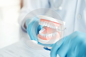 Dentist with denture learning how to teeth At dentistÃâs office photo