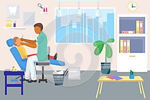 Dentist doctor care about patient oral health, vector illustration, dentistry office in clinic, dental hygiene for kid