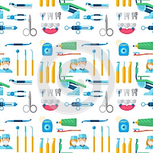 Dentist doctor character and stomatology equipment medicine instrument seamless pattern background vector illustration.