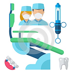 Dentist doctor character and stomatology equipment medicine instrument vector illustration.