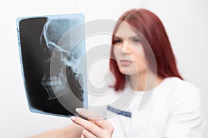 Dentist doctor checking dental x-ray orthopantomogram. Dental panoramic radiography