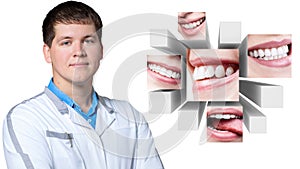 Dentist doctor presents collage of healthy beautiful smiles.