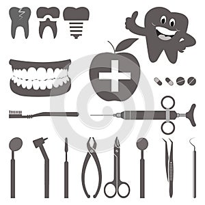 Dentist equipment black and white vector element set