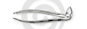 Dentist equipment: Premolar dental extraction forceps, real stainless steel tool. Dental tool isolated on white background,