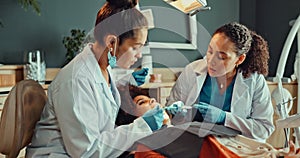 Dentist exam, team or woman in chair for teeth whitening, cleaning or cavity search, plaque or oral health. Dental