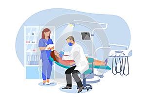 Dentist examines patient in dentist chair. Woman visits orthodontist at modern dental clinic. Vector flat illustration