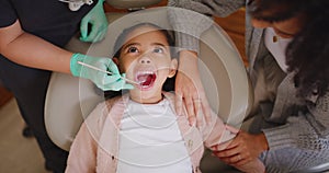 Dentist examining little girls teeth and mouth during dental appointment. Child looking in mirror and having her checkup