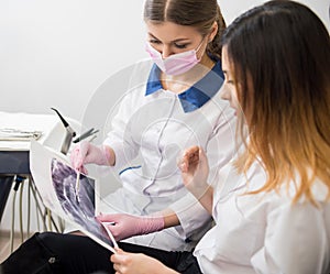 Dentist explaining the details of x-ray picture to female patient in dental office. Examining x-ray image. Dentistry