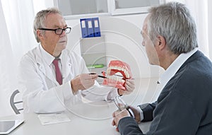Dentist explaining work to senior man on teeth model