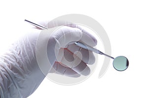 Dentist Hand Gloved Hold Angled Mirror