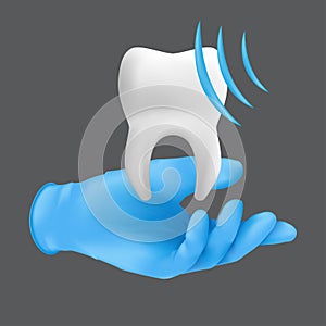 Dentist hand wearing blue protective surgical glove holding a ceramic model of the tooth. 3d realistic vector illustration of