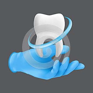 Dentist hand wearing blue protective surgical glove holding a ceramic model of the tooth. 3d realistic vector illustration of