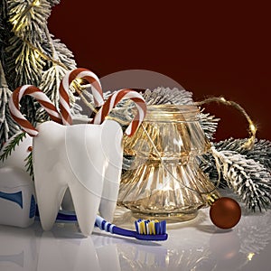 Dentist happy merry christmas and new year tempalte with copy space against red beckground