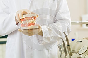 Dentist in his surgery, he holds a denture