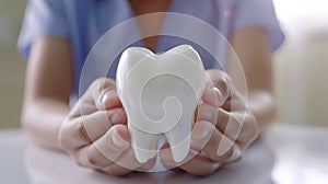 The dentist holding tooth model. AI generated