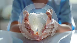 The dentist holding tooth model. AI generated