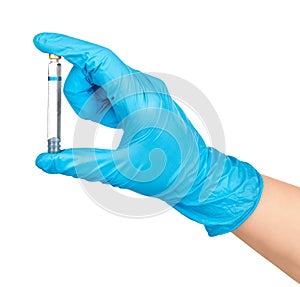 Dentist holding a vial of anesthetic lidocaine on isolated white photo