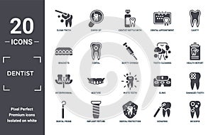 dentist icon set. include creative elements as clean tooth, cavity, tooth cleaning, white teeth, implant fixture, interproximal