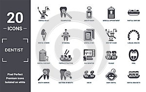 dentist icon set. include creative elements as dental chair, partial denture, dentist chair, ekg monitor, bacteria in mouth,