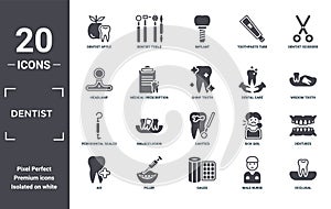 dentist icon set. include creative elements as dentist apple, dentist scissors, dental care, cavities, filler, periodontal scaler