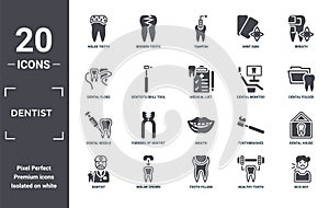dentist icon set. include creative elements as holed tooth, breath, dental monitor, mouth, molar crown, dental needle filled icons