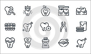 dentist line icons. linear set. quality vector line set such as clean tooth, mouthwash, dental crown, mouth, dental care, brackets