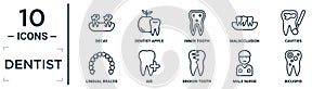 dentist linear icon set. includes thin line decay, inner tooth, cavities, aid, male nurse, bicuspid, lingual braces icons for photo
