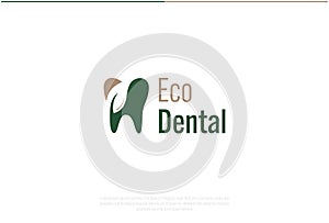 Dentist Logo Design. Vector Logo Template. A symbol of a tooth with a negative leaf above it as a trendy logomark of green eco den