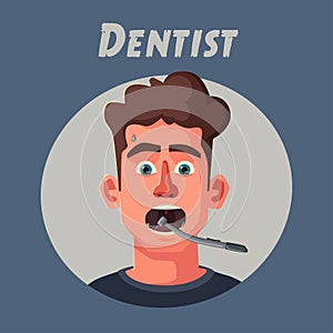 Dentist looking into open mouth of patient. Funny afraid person. Cartoon vector illustration