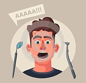 Dentist looking into open mouth of patient. Funny afraid person. Cartoon vector illustration