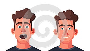 Dentist looking into open mouth of patient. Funny afraid person. Cartoon vector illustration